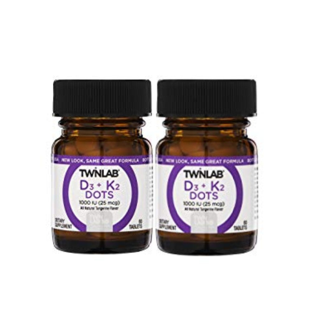 Twinlab D3 + K2 Dots - Vitamin D3 & Vitamin K2 Supplement for Immune Support, Bone Health & Heart Health - Vitamin D 1000 IU + Vitamin K 90 Mcg for Bone Strength, Tangerine Flavor, 60 Tablets, 2-Pack