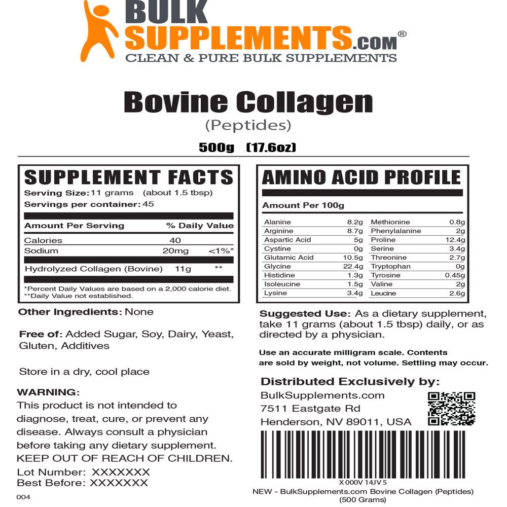 Bulksupplements.Com Hydrolyzed Collagen (Bovine) Powder, 11G - Bone & Joint Support (500G - 45 Servings)