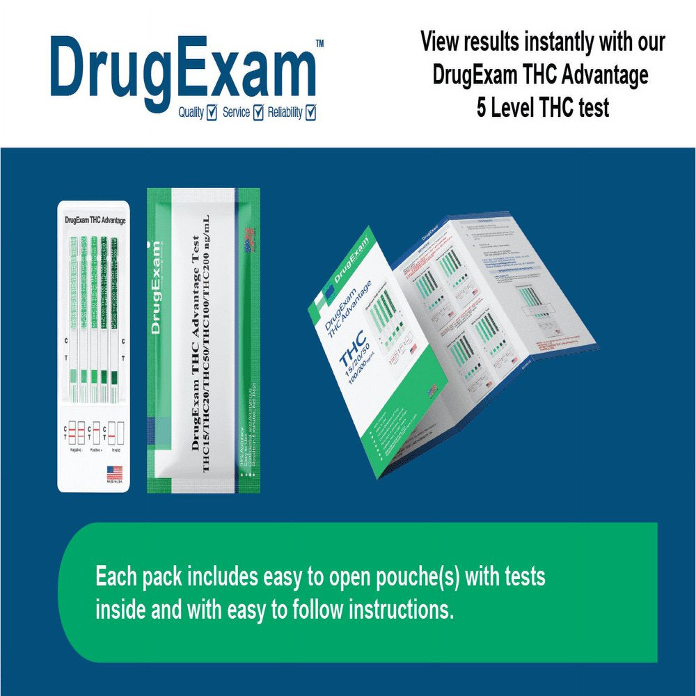 5 Pack - Drugexam THC Advantage Made in USA Multi Level Marijuana Home Urine Test Kit. Highly Sensitive THC 5 Level Drug Test Kit. Detects at 15 Ng/Ml, 20 Ng/Ml, 50 Ng/Ml, 100 Ng/Ml and 200 Ng/Ml.