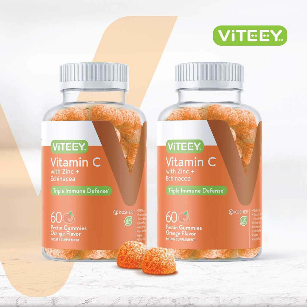 Vitamin C Gummies plus Zinc & Echinacea [3 in 1 Immune Support Booster] Herbal Dietary Supplements, Vegan, Plant Based Pectin - Good for Adults Teens & Kids - Orange Flavor Gummy [60 Count 2-Pack]