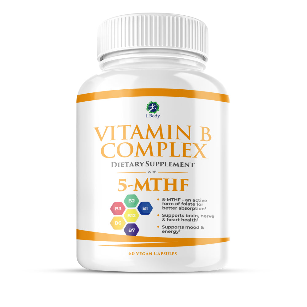 1 Body Vitamin B Complex Supplement 5-MTHF Folate with B1, B2, B5, B6, Methyl B12, Niacin, Biotin