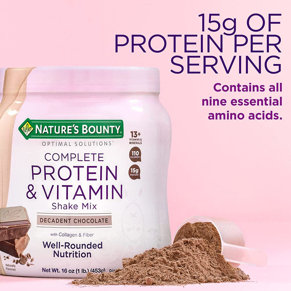 Nature'S Bounty Complete Protein & Vitamin Shake Mix with Collagen & Fiber, Contains Vitamin C for Immune Health, Decadent Chocolate Flavored, 1 Lb Chocolate 1 Pound (Pack of 1)