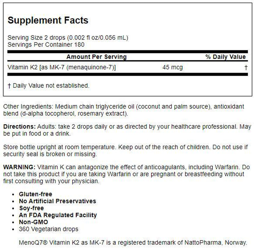 Carlson Liquid Vitamin K, Super Daily K2, 45 Mcg, 0.34 Fl Oz (10.16 Ml)