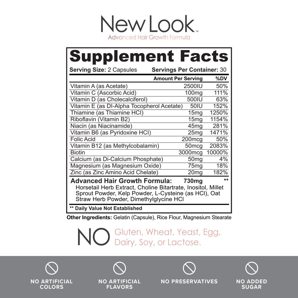 New Look Vitamins for Hair Growth, Skin & Nails | Natural Biotin Supplement for Women & Men 60 Caps