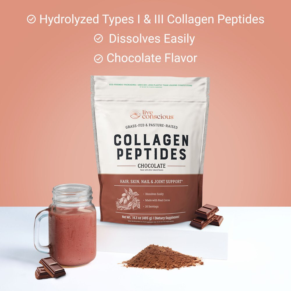 Live Conscious Peptides Chocolate - Grass-Fed, Pasture-Raised Types I & III Collagen & 19 Diverse Amino Acids Support Skin, Hair, Nails & Joint Health. Delicious Chocolate Flavor. 30-Day Supply