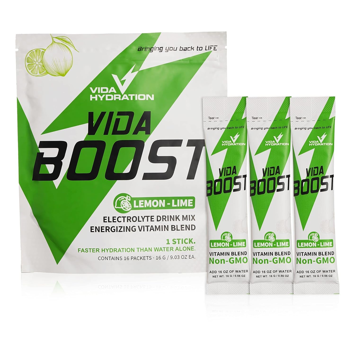 Vida Boost Vita Hydration Powder - Lemon Lime - Powder Packets | Electrolyte Drink Mix | Endurance | Energy | Recovery | Easy Open Single-Serving | Non-Gmo | 16 Sticks