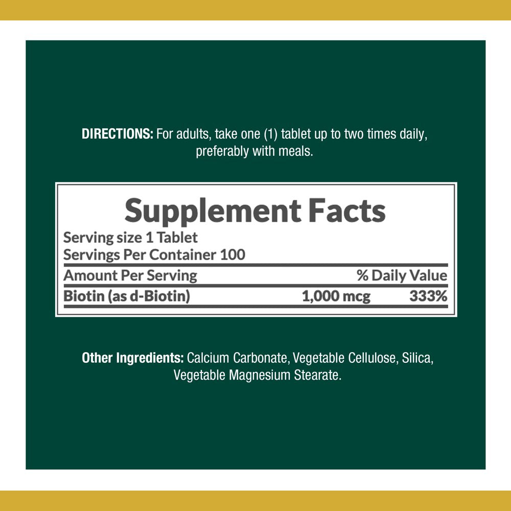 Nature'S Bounty Vitamin B Supplements, Biotin 1000 Mcg Tablets, 100 Count