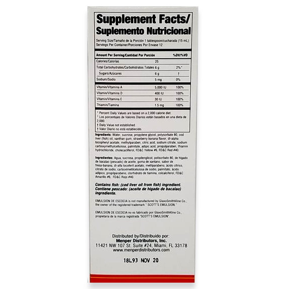 Emulsion De Escocia. Cod Liver Oil Dietary Supplement. Rich in Vitamins A, D, E and B1. Strawberry & Banana Flavour. 6.5 Fl.Oz. Pack of 3