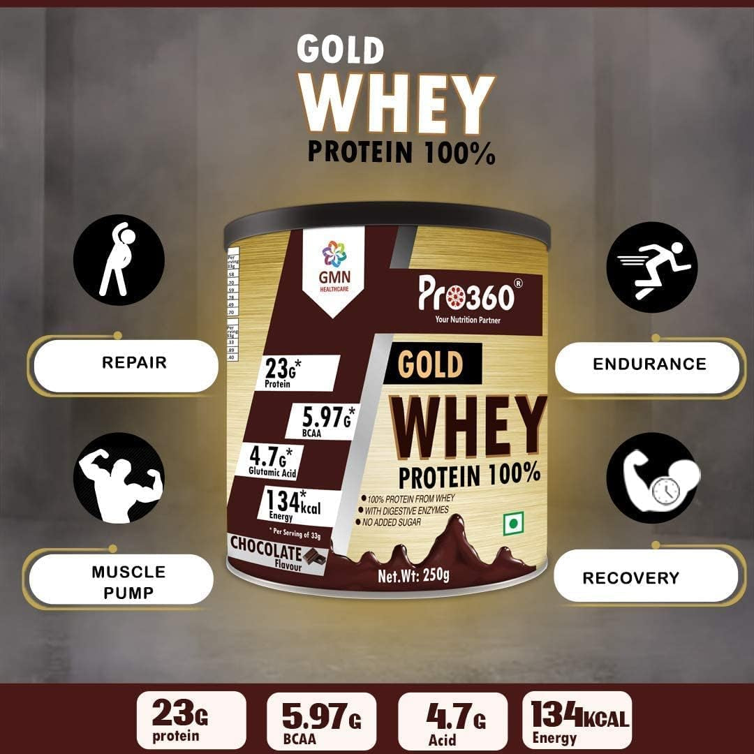 SJH Pro360 Gold Whey Protein - Chocolate Flavored - (100% Whey Protein with Digestive Enzymes, 23G Protein, 5.97G BCAA, 4.7G Glutamic Acid per Serving) (250G)