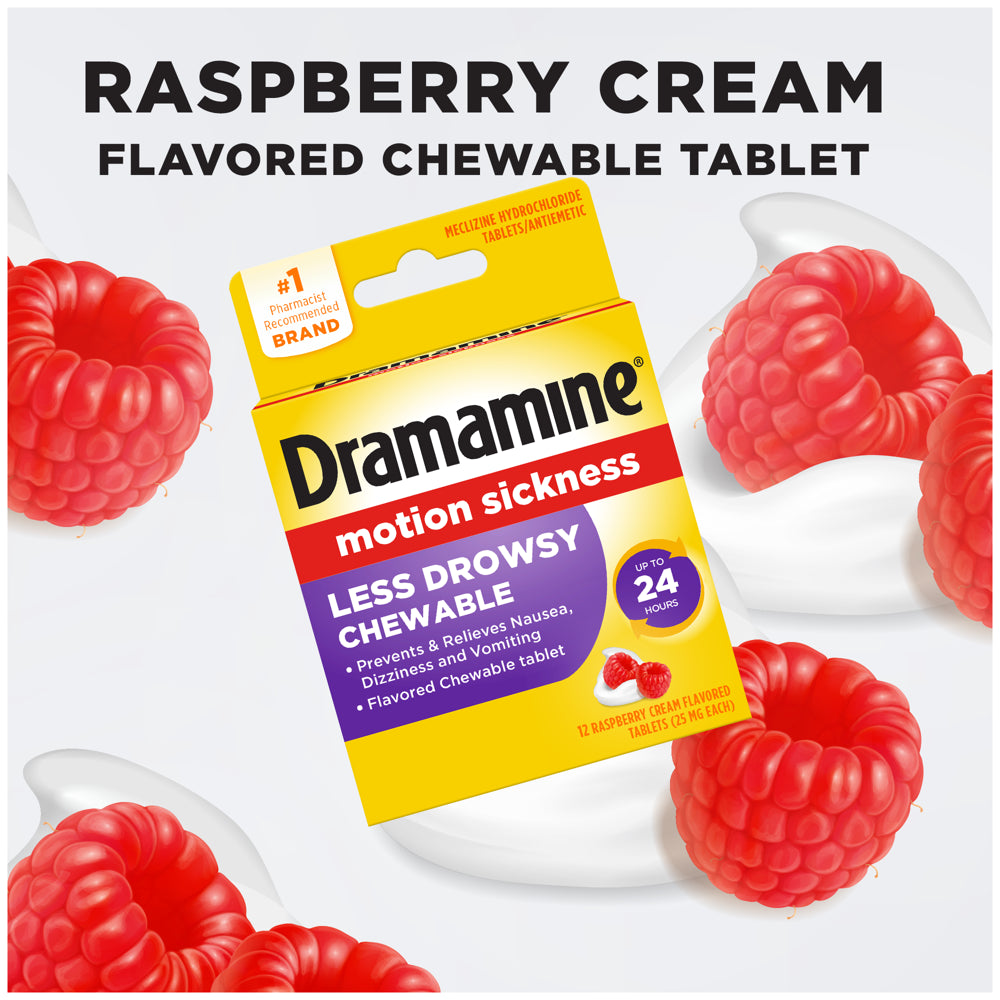 Dramamine Chewable Less Drowsy, Motion Sickness Relief, Raspberry Cream Flavor, 12 Count