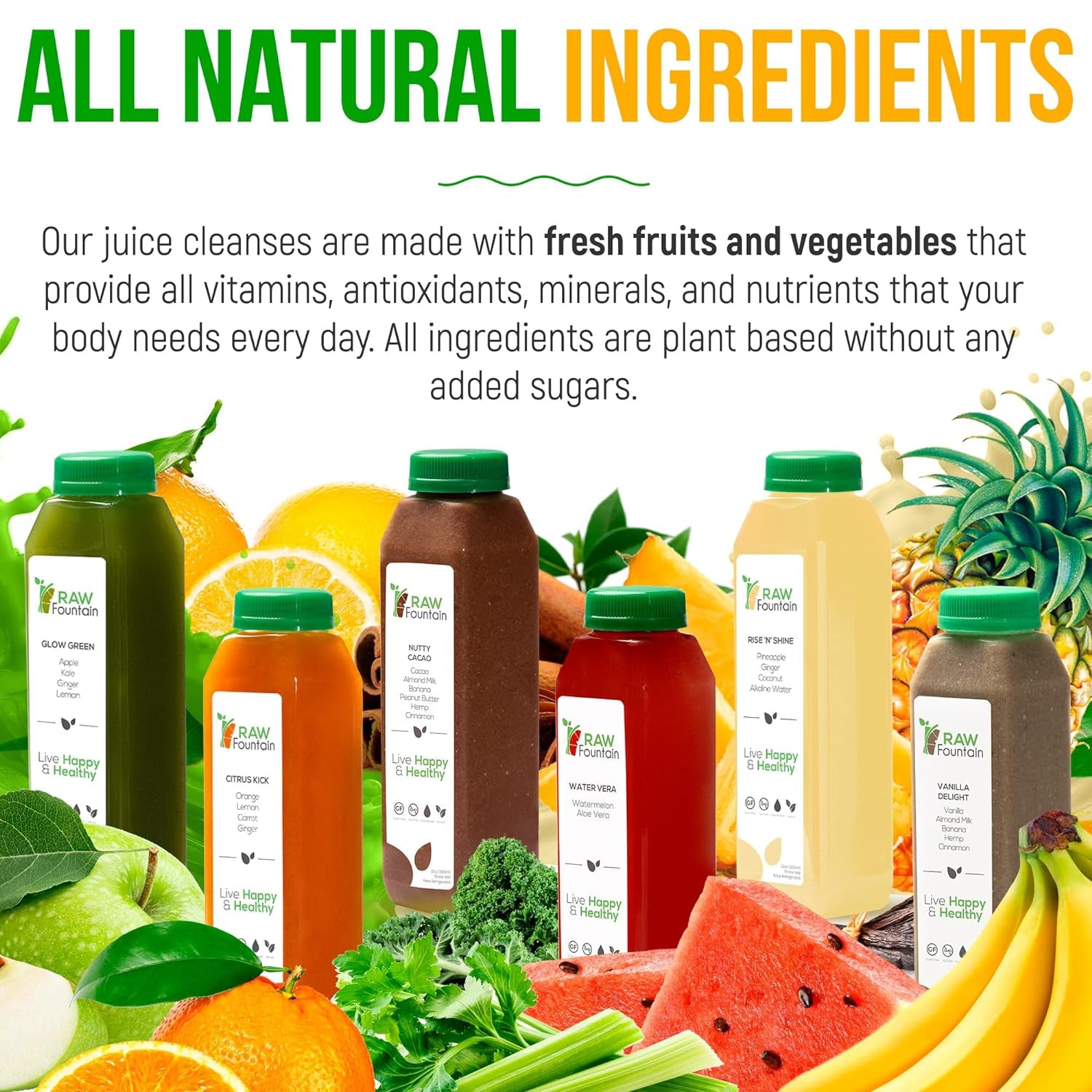 7 Day Protein Juice Cleanse by Raw Fountain, All Natural Raw Detox Cleanse, Cold Pressed Fruits, Vegetables, Vanilla and Chocolate Flavor, Tasty and Energizing, 42 Bottles 12Oz, 3 Ginger Shots