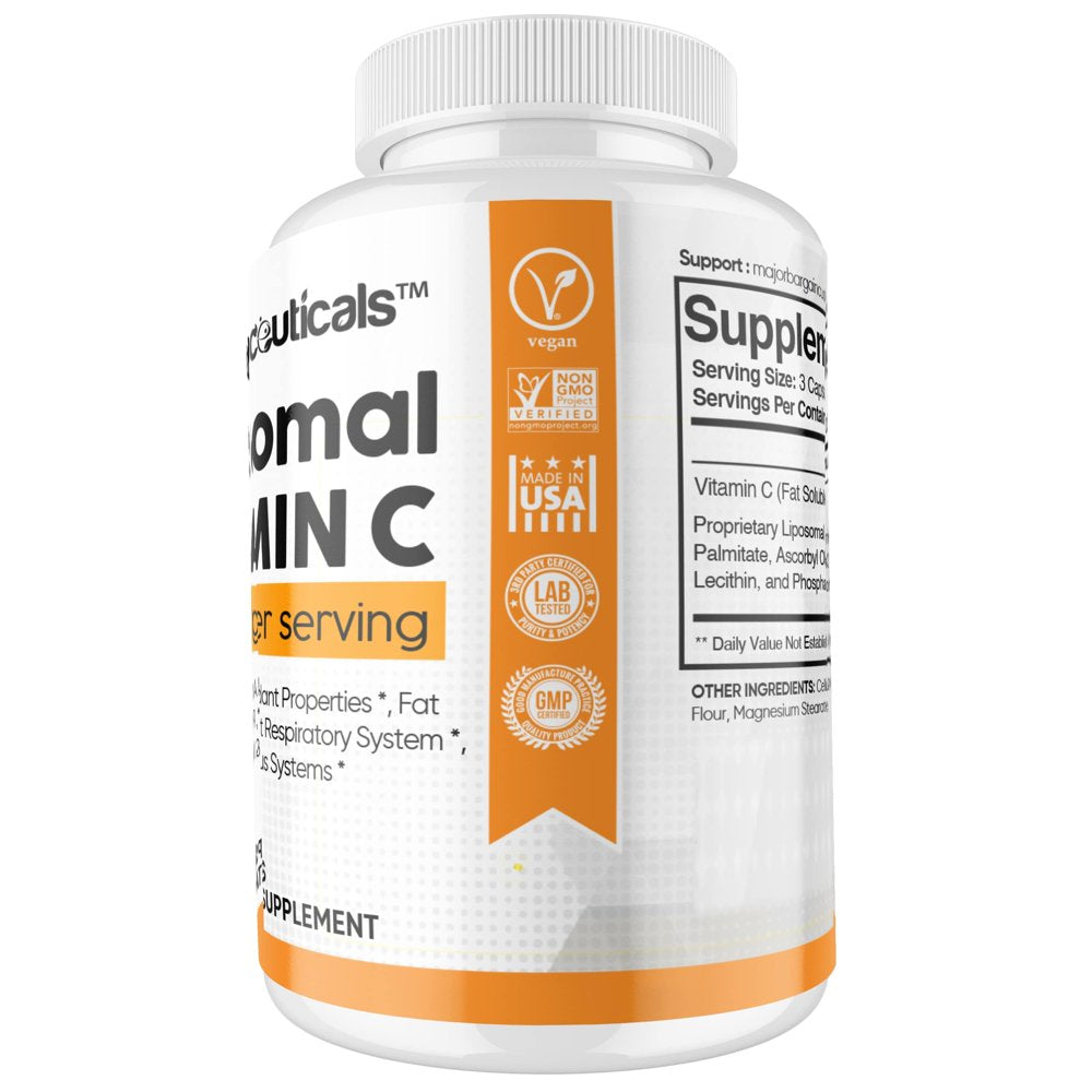 Liposomal Vitamin C Capsules 1800Mg High Absorption VIT C, Immune System & Collagen Booster, Fat Soluble Immunity Support Ascorbic Acid Supplement, 180 Natural Vegan Capsules