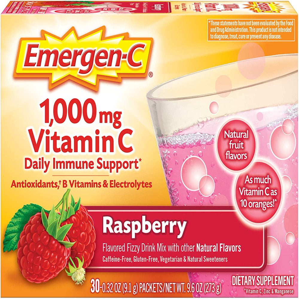 Emergen-C Vitamin C 1000Mg Powder (30 Count, Raspberry Flavor, 1 Month Supply), with Antioxidants, B Vitamins and Electrolytes, Dietary Supplement Fizzy Drink Mix, Caffeine Free