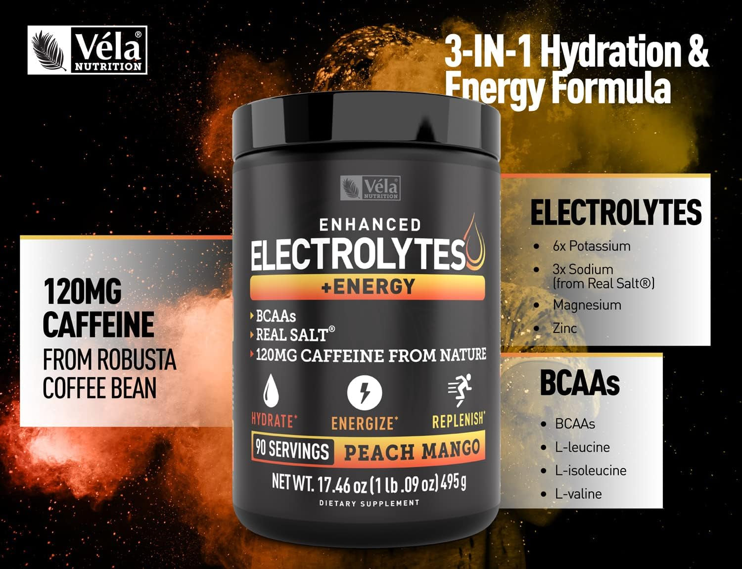 Véla Electrolyte Powder Recovery Drink + Energy (90 Servings | Peach Mango) W Real Salt +Bcaas Sugar Free Electrolyte Supplement W Potassium Zinc & Magnesium for Hydration