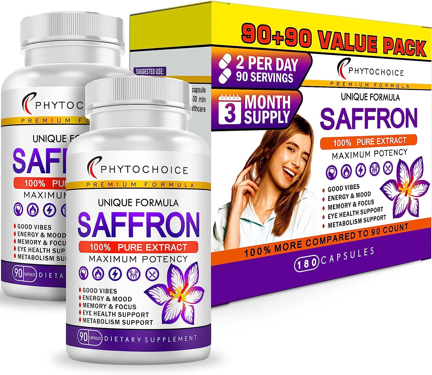 100% Pure Saffron Extract-Saffron Supplements for Women and Men-180 Servings-Boost Natural Energy Level, Enhance Mood & Attitude, Healthy Metabolism, Eye Vision & Heart Health Support-Saffron Capsules