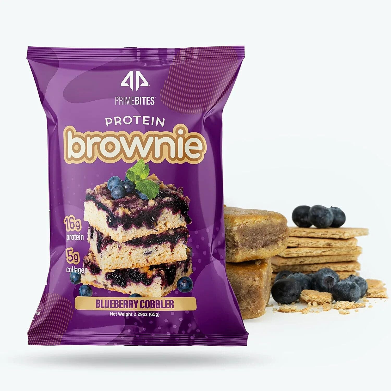 Primebites | Protein Brownie - Oven Baked, Delicious Guilt Free Snack, 17G Protein, 5G Collagen | (12) Brownies (Blueberry Cobbler)