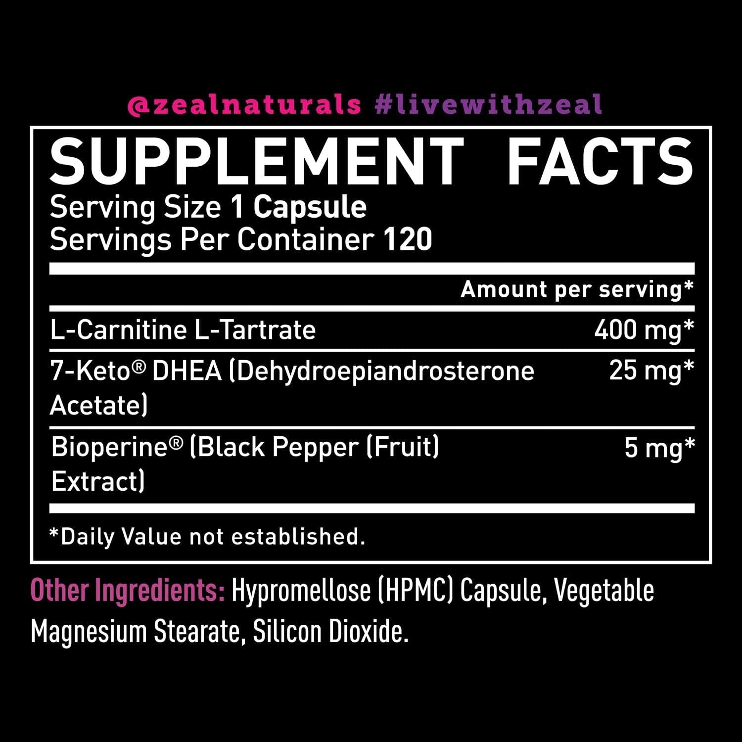 Zeal Naturals 7-Keto DHEA Complex with L-Carnitine & L-Tartrate | + Bioperine | Energy & Focus Support, Burn | 430Mg per Serving | 4-Month Supply