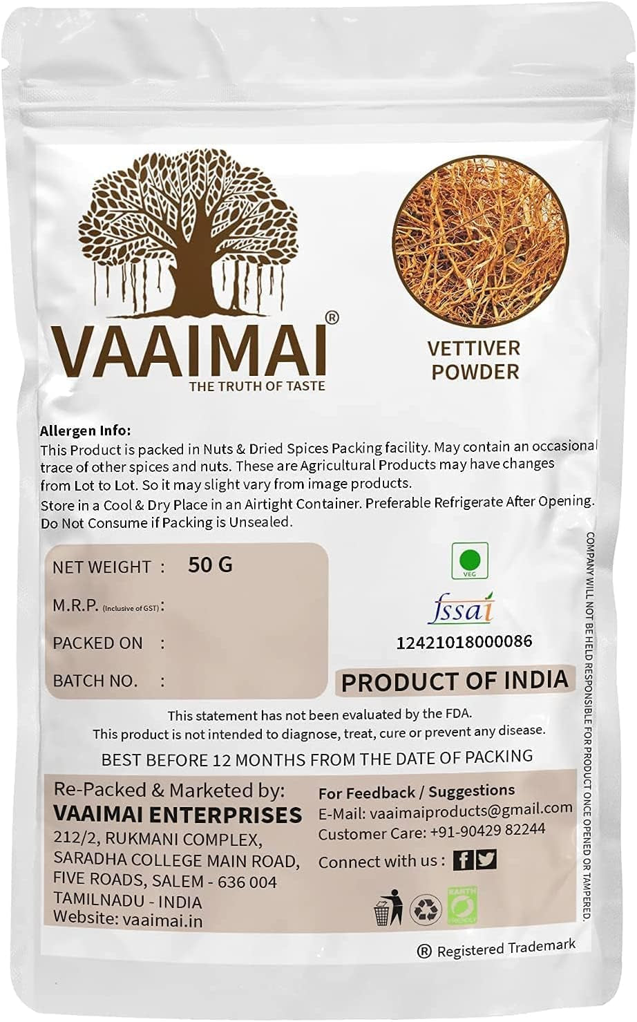 CROW VAAIMAI Vettiver Powder/Chrysopogon Zizanioides, 100G