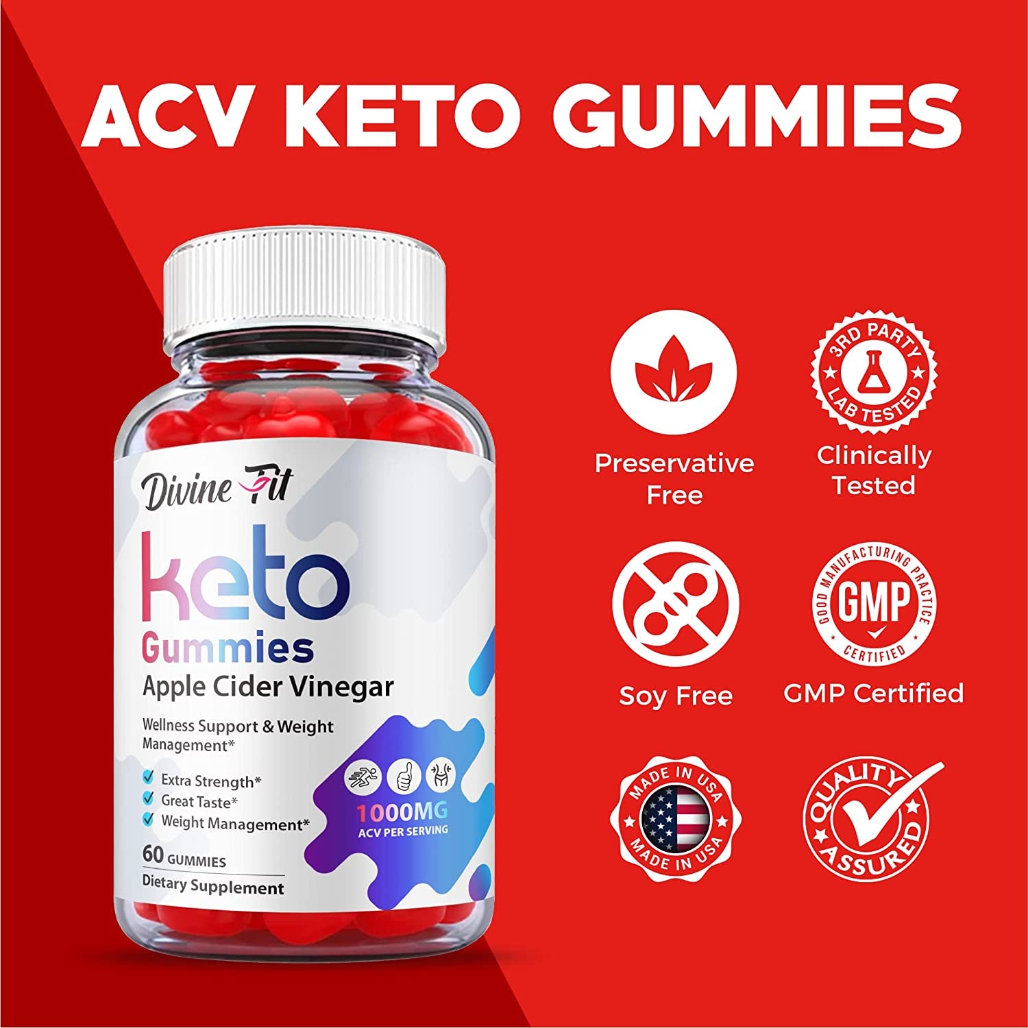 Divine Fit Keto Gummies - Official Formula, Vegan - Divine Fit Keto ACV Gummies, Divine Fit Gummies with Apple Cider Vinegar, Vitamin B12, B6, Beet Root, Weight Apple Loss Cider Gummy (60 Gummies)