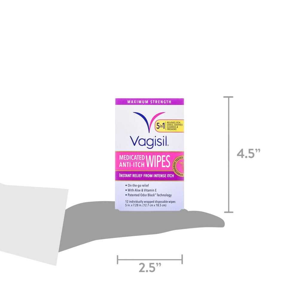 Vagisil Anti-Itch Medicated Wipes, Maximum Strength for Instant Relief, 12 Count, Unscented