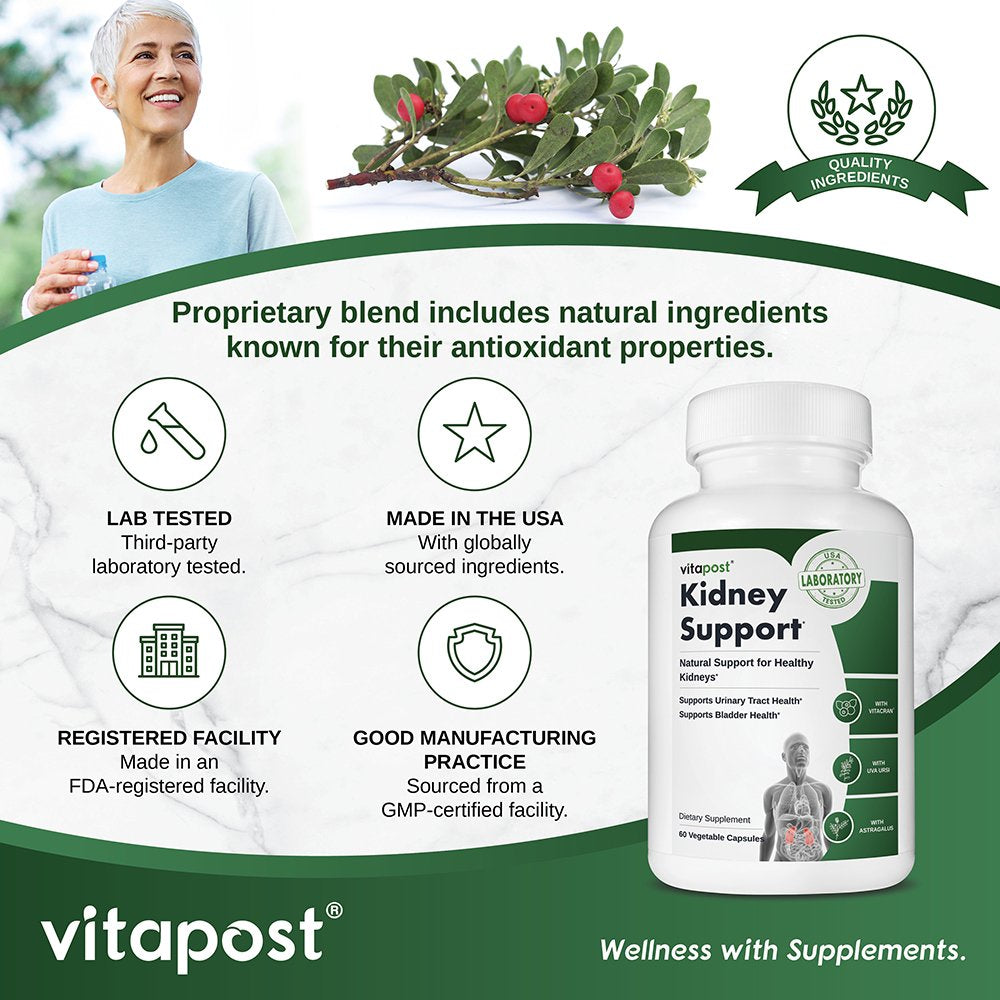 Vitapost Kidney Support Supplement with Cranberry, Uva Ursi, Astragalus - 60 Capsules