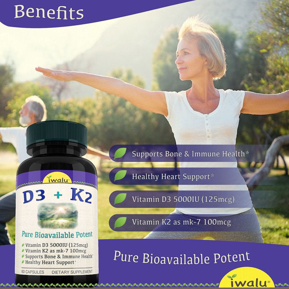 Vitamin D3 K2 MK7 Supplement - Promotes Heart, Bone & Teeth Health, Non-Gmo Formula, Vit D3 5000 IU & 100 Mcg Vitamin K2 MK-7 Easy Swallow Vitaminas D & K Complex for Women & Men IWALU 60 Capsules