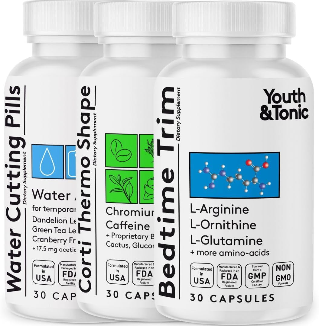 Youth & Tonic Shred Sculpt Lean 3 X Diet Pills W Water Weight Away & Cortithermo Shape & Bedtime Trim as Support for Metabolism Energy Cravings Water Retention Loss & Belly Bloating for Women & Men