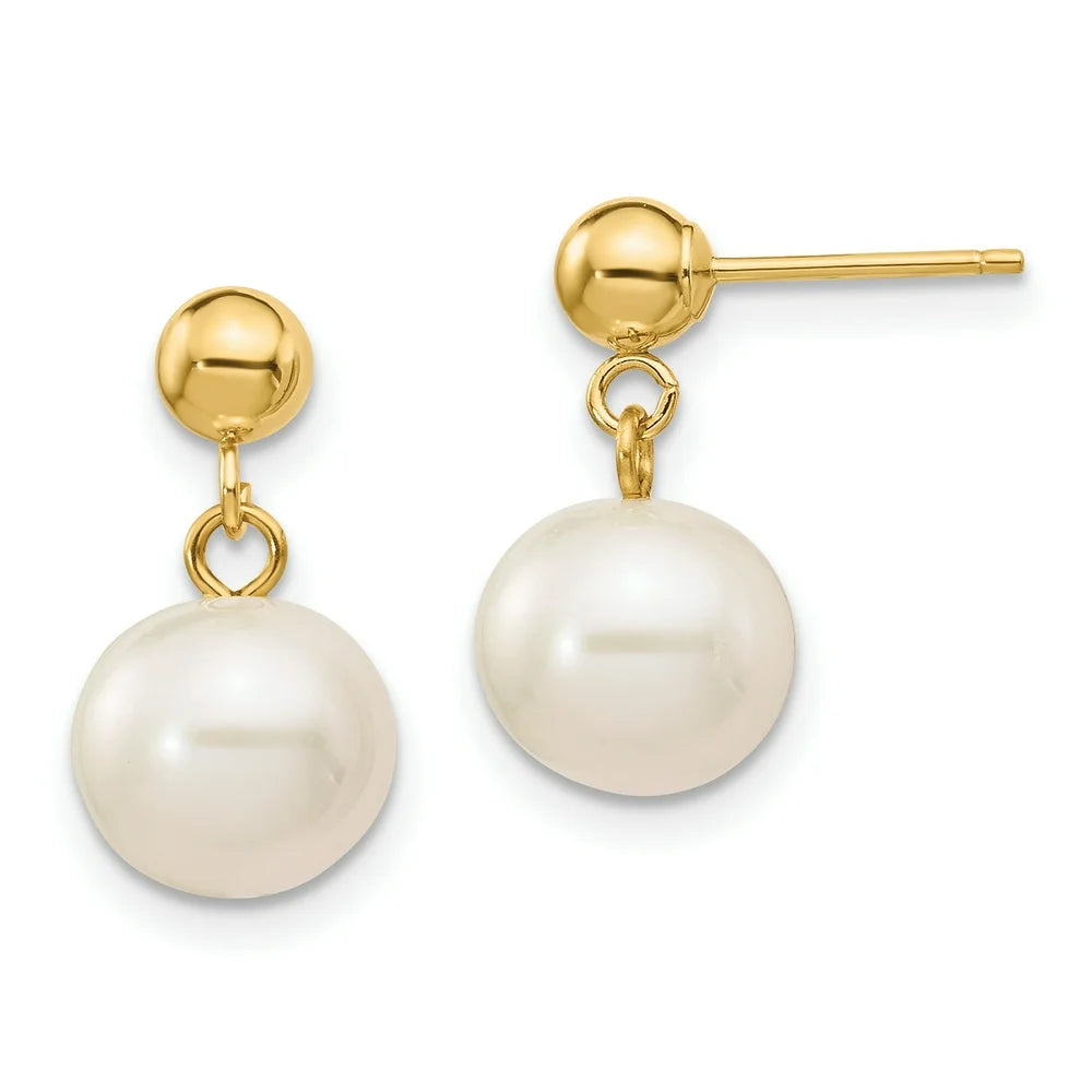 14K 8-8.5Mm White round Freshwater Cultured Pearl Dangle Post Earrings XF570 (1.7 Grams|8 to 9MM X 8 to 9MM)