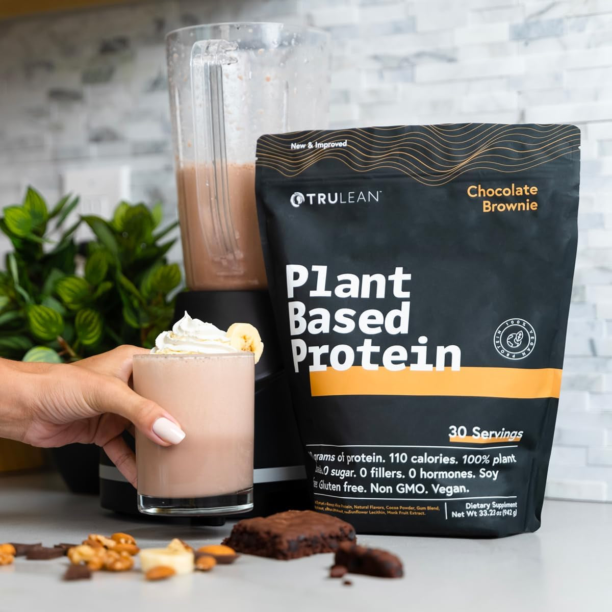 TRULEAN Plant Based Vegan Protein Powder, 20G Organic Pea Protein, Vegan, Non GMO, Gluten/Diary Free, Chocolate Brownie, 33.2Oz (1Pk, 30 Servings)