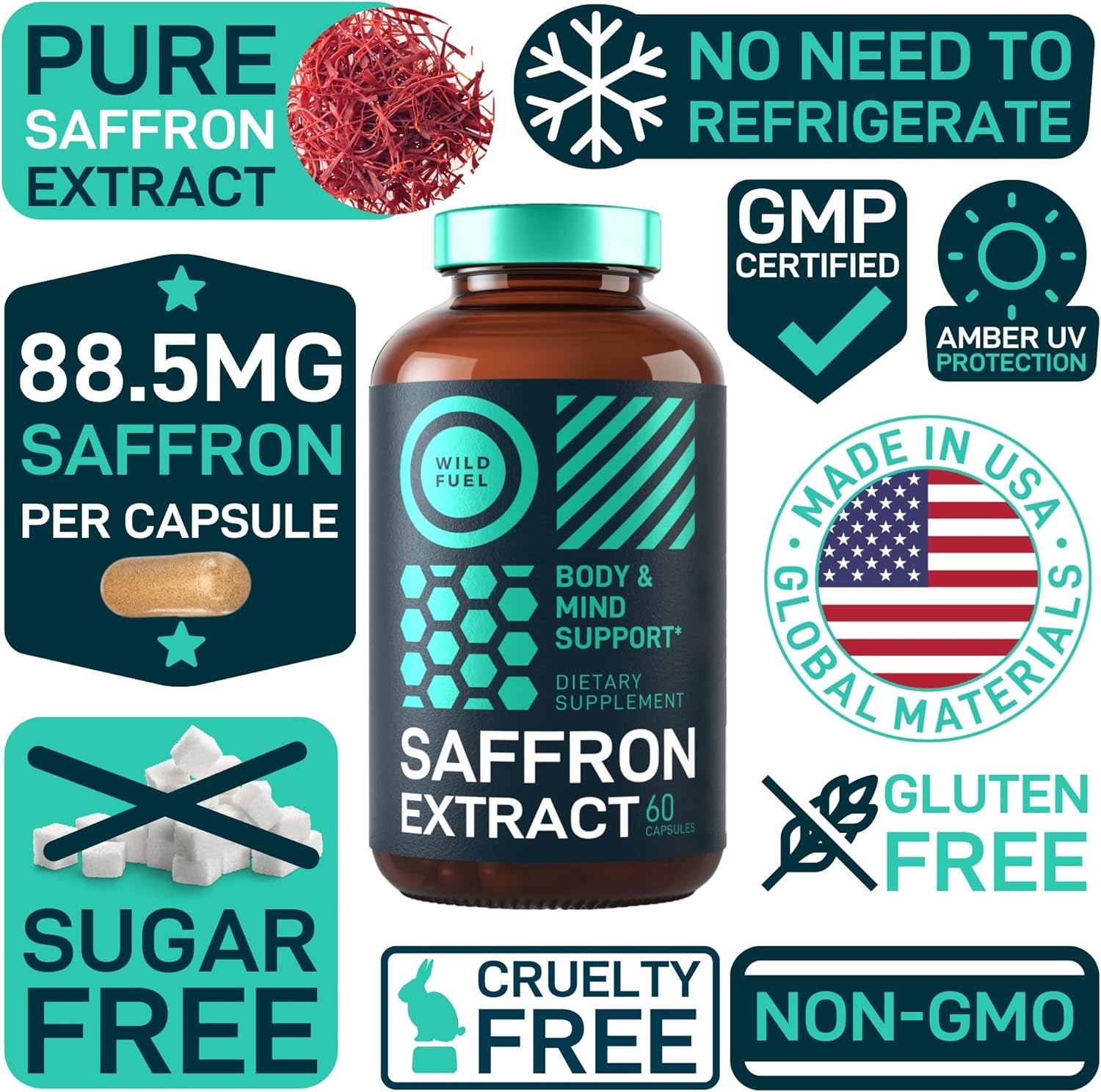 Pure Saffron Extract Antioxidants Supplement - Eye Health, Energy and Mood Support Happy Saffron - 0.3% Safranal 88.5Mg Organic Saffron Supplements -120 Day Gluten-Free, Non-Gmo Vegan Saffron Capsules