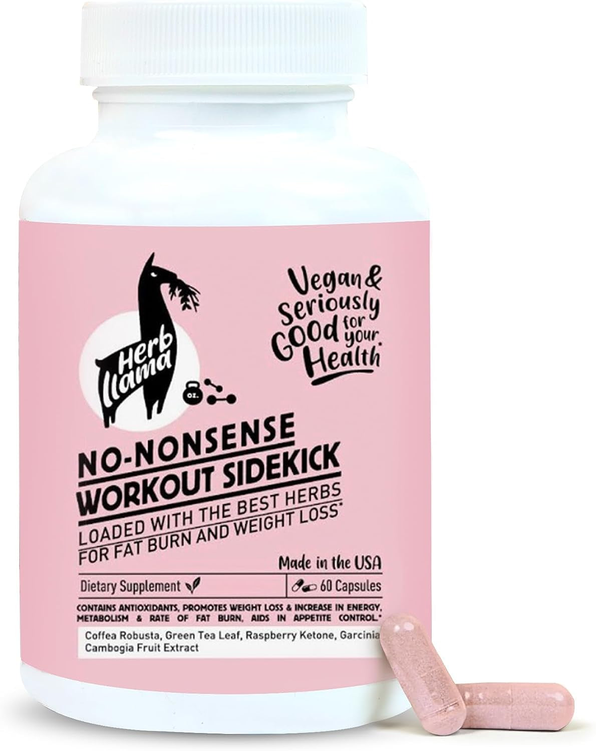 Herb Llama No-Nonsense Workout Sidekick, Enhanced with Antioxidants, Natural Energy and Metabolism Booster for Weight Management, Plant-Based Superfood Supplement with Fruit Extracts, 60 Capsules