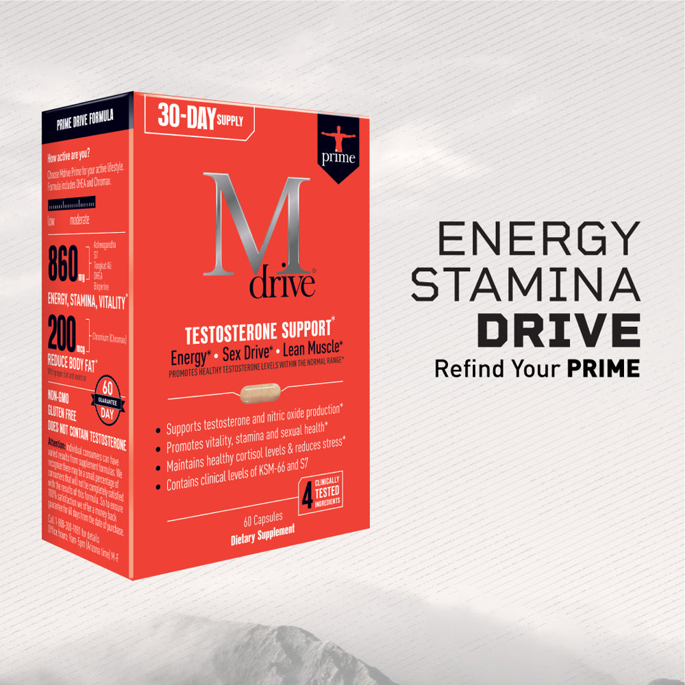 Mdrive Prime - Testosterone Support for Men, Max Energy, Stress Relief and Lean Muscle, KSM-66 Ashwagandha, S7 Nitric Oxide Booster, Bioperine and DHEA, 60 Capsules.