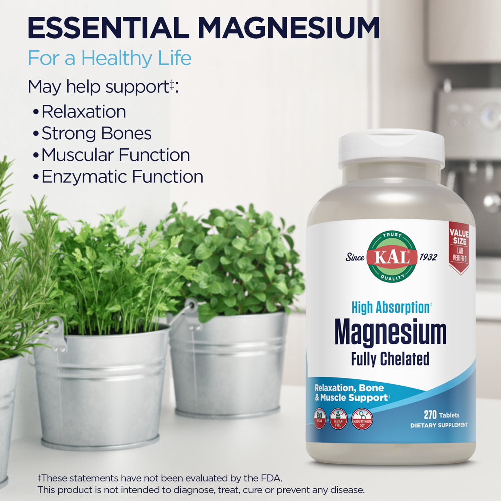 KAL Magnesium Glycinate 315Mg, Fully Chelated, High Absorption Magnesium Supplement for Stress, Relaxation, Muscle & Bone Health Support, Vegan, Gluten Free, Value Size, 90 Servings, 270 Tablets