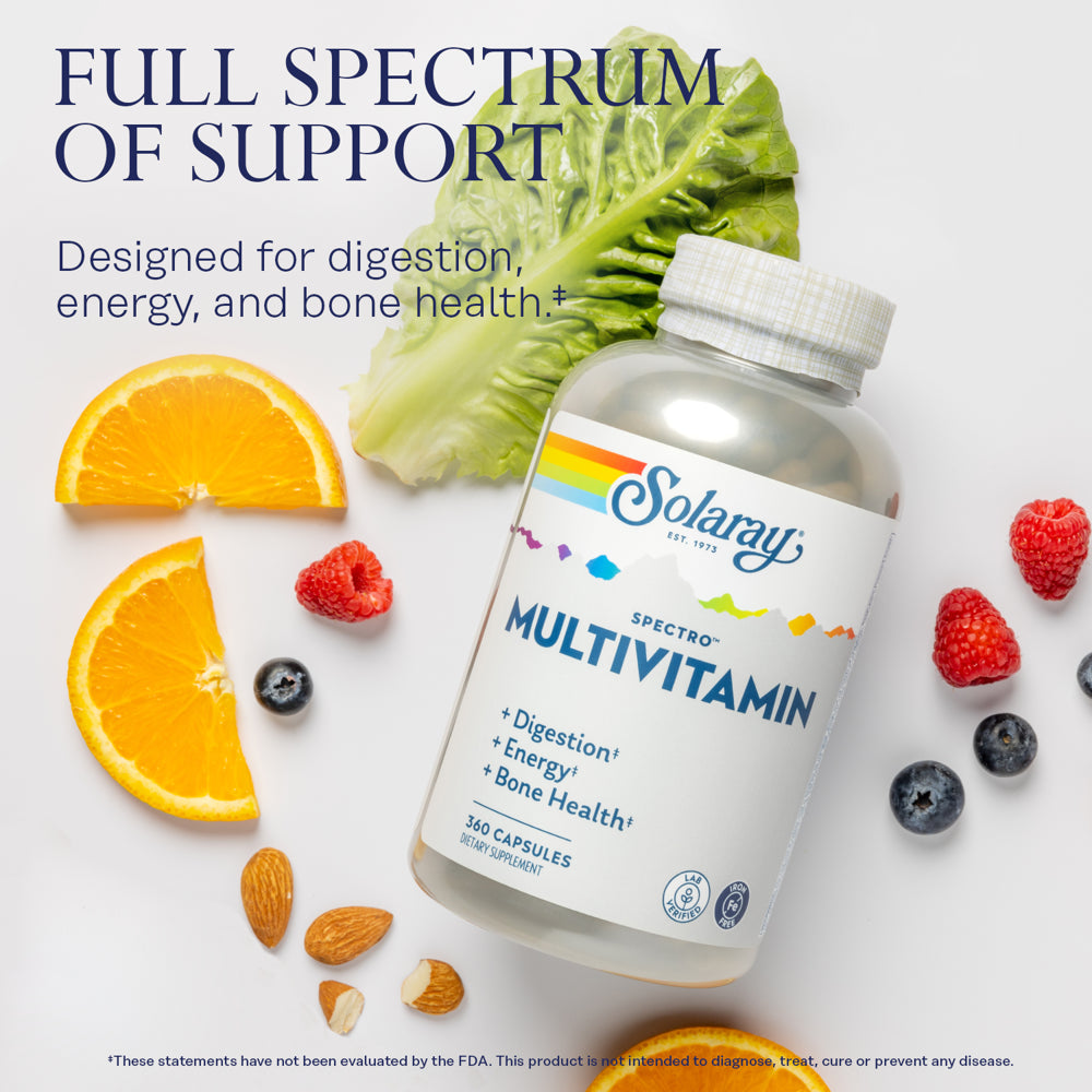 Solaray Spectro Multivitamin with Iron | Cal/Mag, Energizing Greens & Herbs with Digestive Enzymes | 360 Caps | 60 Serv.