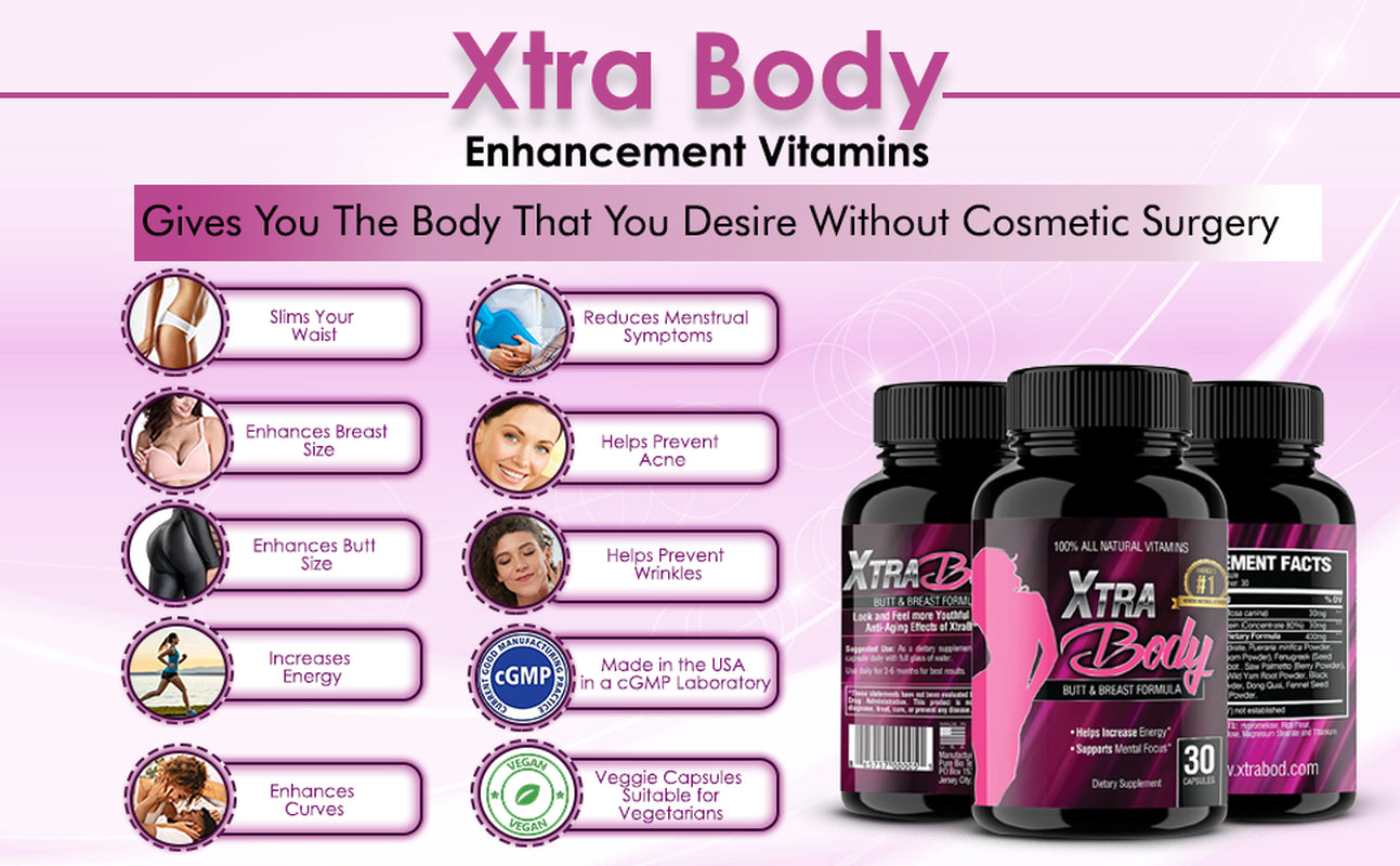 Xtrabody Butt Enhancement and Breast Enlargement Supplement - Estrogen Enhancer - Increases Libido, Reduces Menstrual Symptoms and Provides an Extra Boost of Energy (1 Bottle - 30 Capsules)