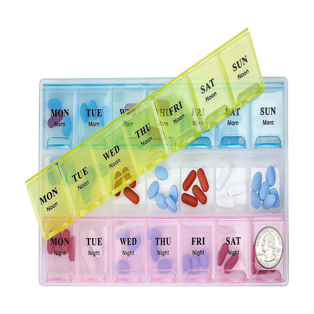 Weekly Pill Organizer, (Pack of 2) 21 Day Pill Planners for Pills Vitamins & Medication, 3 Times-A-Day Medication Reminder Boxes, Easy to Read & Travel Friendly