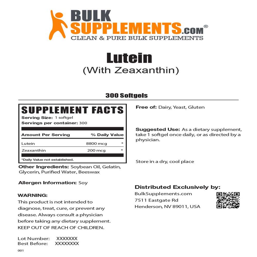 Bulksupplements.Com Lutein with Zeaxanthin Softgels, 9000Mcg - Vision Supplements (300 Softgels)