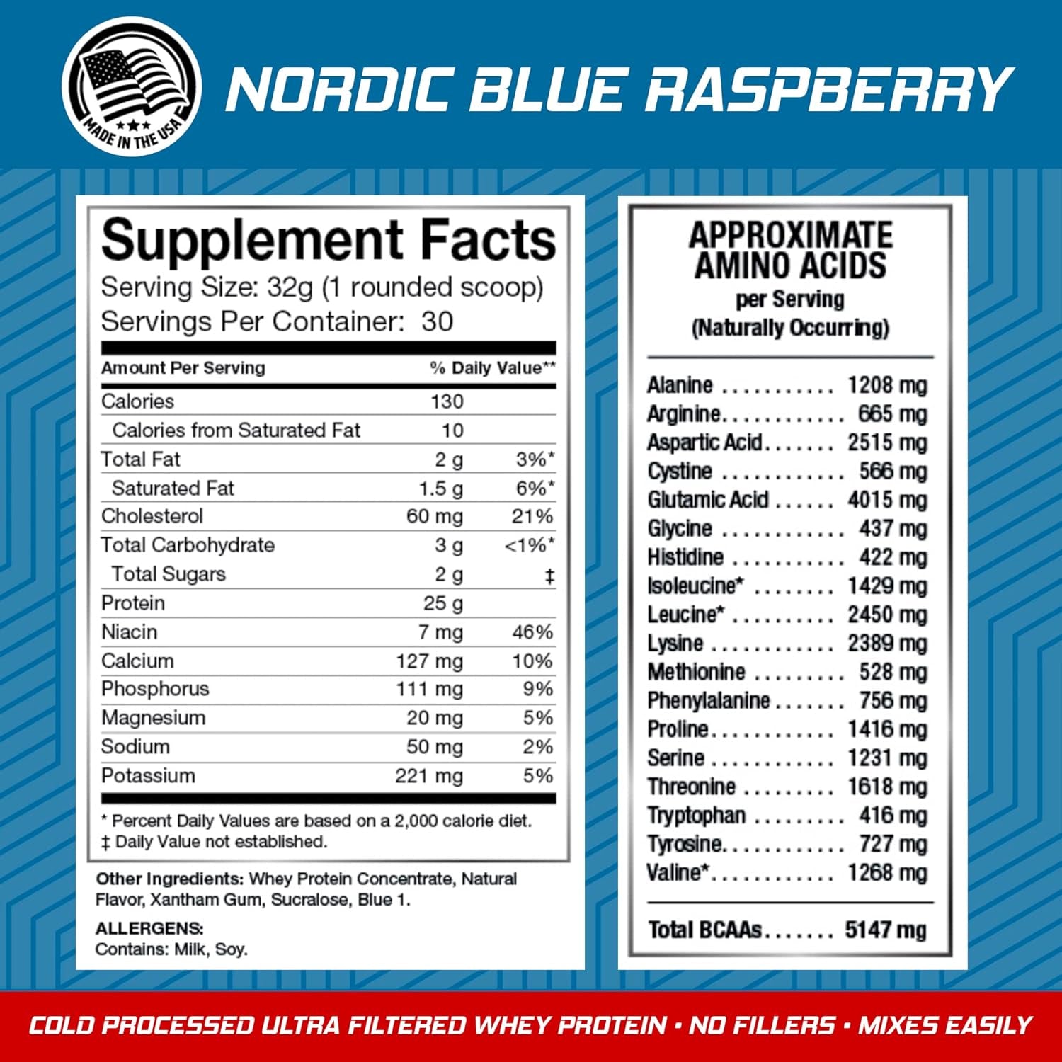 Nordic Supplements Blue Raspberry Protein Powder Ultra Filtered Cold Processed Whey Protein Shake | Advanced Formula 25G of Protein 30 Servings