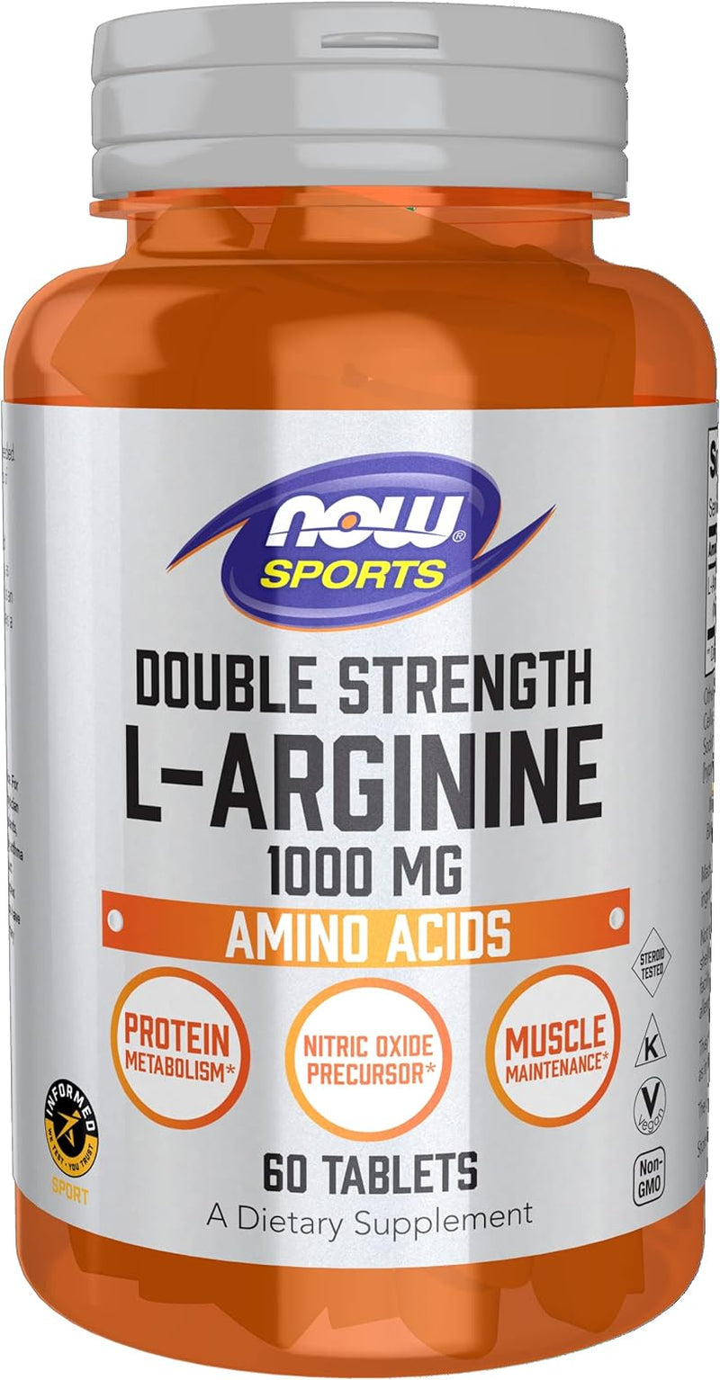 NOW Sports Nutrition, L-Arginine Double Strength 1000Mg, Nitric Oxide Precursor, Amino Acids, 60 Tablets