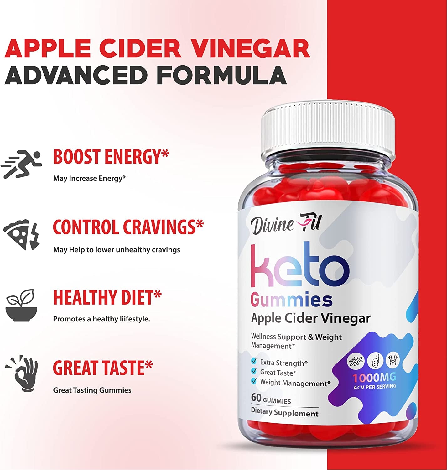 Divine Fit Keto Gummies - Official Formula, Vegan - Divine Fit Keto ACV Gummies, Divine Fit Gummies with Apple Cider Vinegar, Vitamin B12, B6, Beet Root, Weight Apple Loss Cider Gummy (60 Gummies)