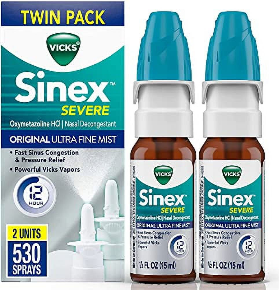 Vicks Sinex SEVERE, Nasal Spray, Original Ultra Fine Mist Sinus Decongestant for Fast Relief of Cold & Allergy Congestion, Sinus Pressure Relief, Twin Pack, 2 0.5 FL OZ (15 Ml)