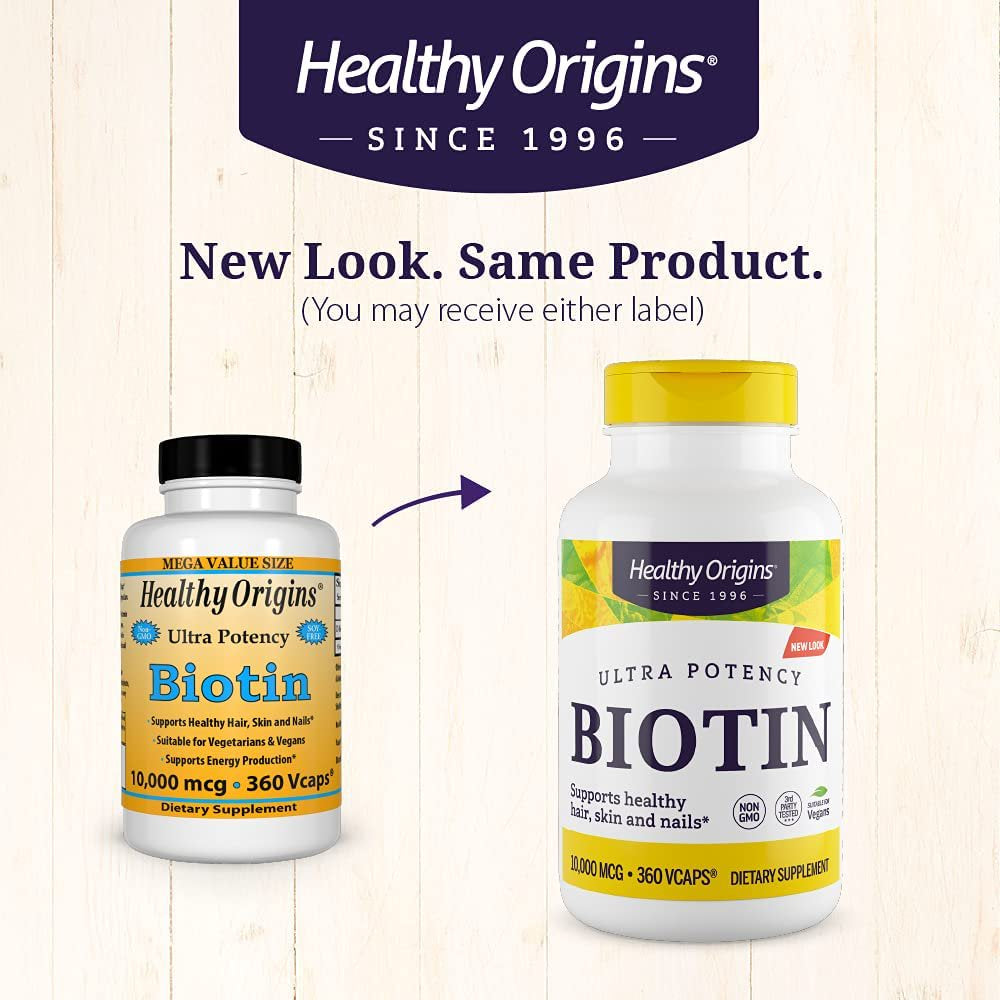 Healthy Origins Biotin 10,000 Mcg (USP Grade, Non-Gmo, Gluten Free, Hair Support, Nail Support), 360 Veggie Caps