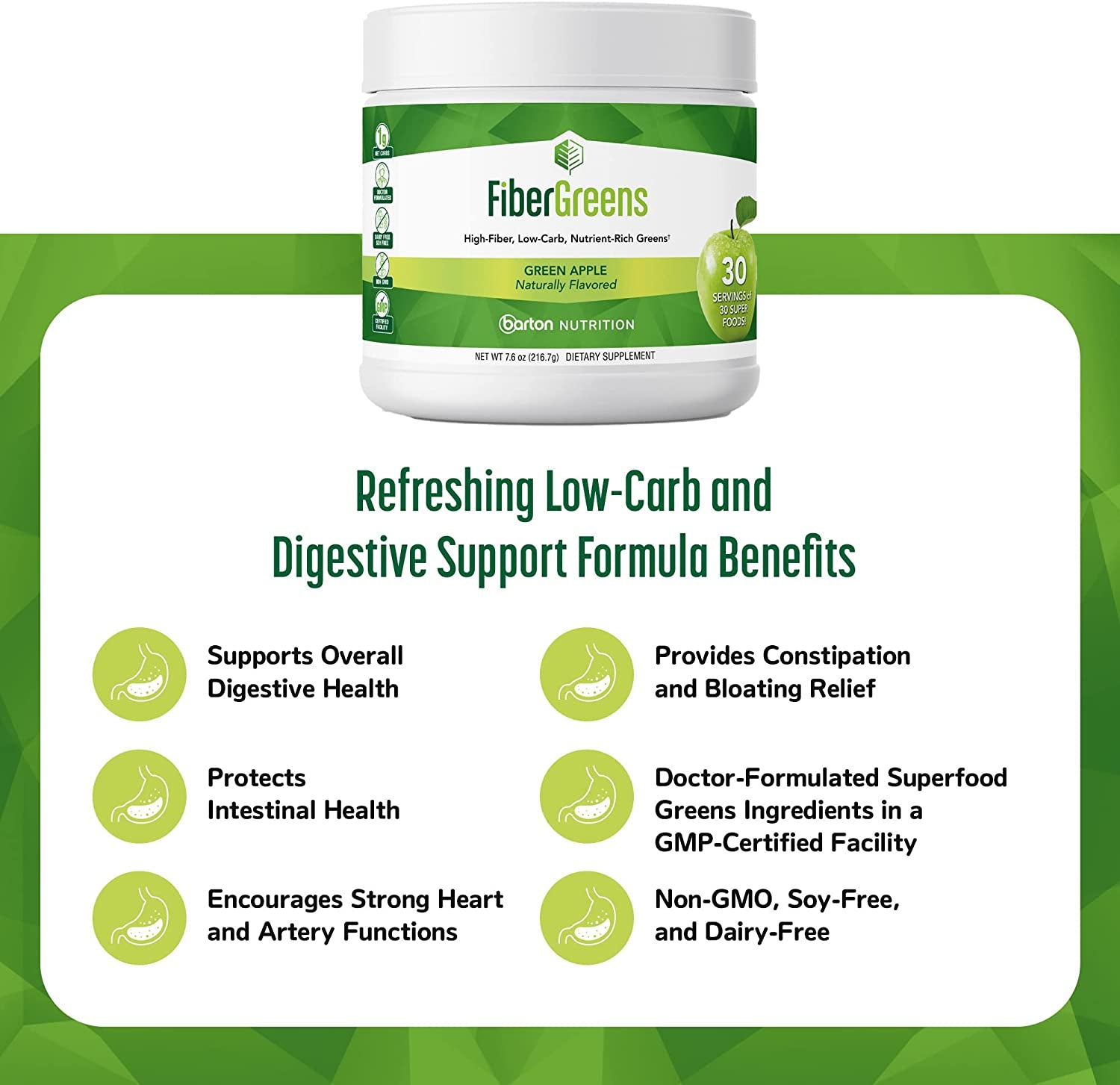 Barton Nutrition Green Apple Fiber Greens - Low-Carb Probiotics for Gut Health - Blood Function Support - Naturally Flavored Probiotic Formula with 30 Superfoods - Protects Heart Health, 30 Servings