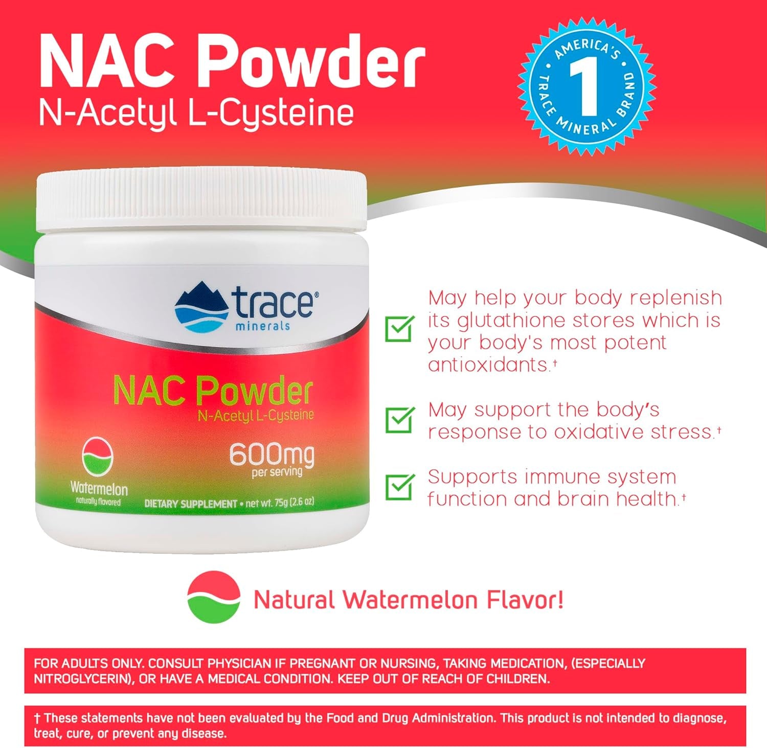 Trace Minerals | NAC Powder with N-Acetyl L-Cysteine Amino Acids | 600 Mg to Support Immune System and Normally Functioning Liver and Kidneys | Natural Watermelon Flavor | 30 Servings, 2.6 Oz Jar