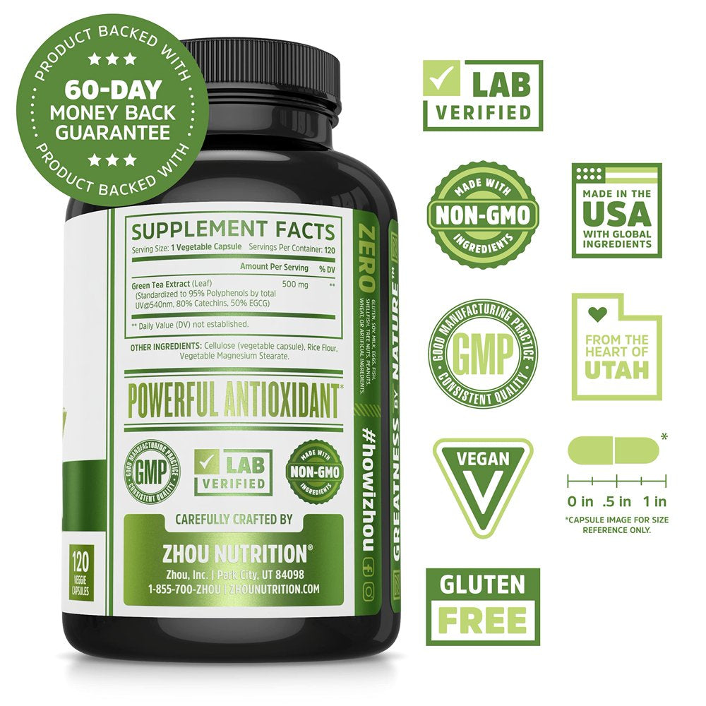 Zhou Green Tea Extract with EGCG, Metabolism, Natural Energy, Mental Focus, Immune Support, Antioxidant and Healthy Heart Formula, Non-Gmo, Gluten Free, Money Back Guarantee, 120 Capsules