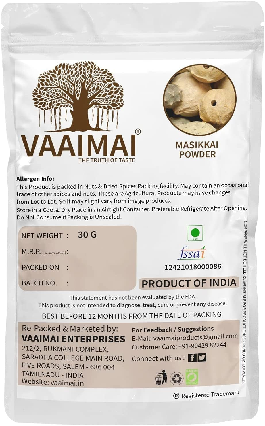 CROW VAAIMAI Masikkai Powder/Quercus Infectoria/Gall Nut/Majuphal, 30G