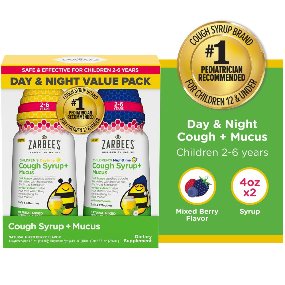 Zarbee’S Kids Cough + Mucus Day/Night with Honey, Ivy Leaf, Zinc & Elderberry, Mixed Berry, 2X4Fl Oz