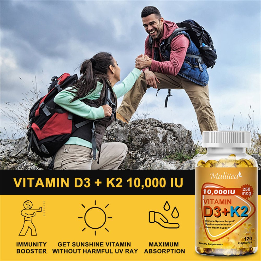 Mulittea Vitamins D3 with K2 Supplement, 10000 IU Extra Strength, Support Bone & Joint Health, Increase Immunity, 120 Capsules