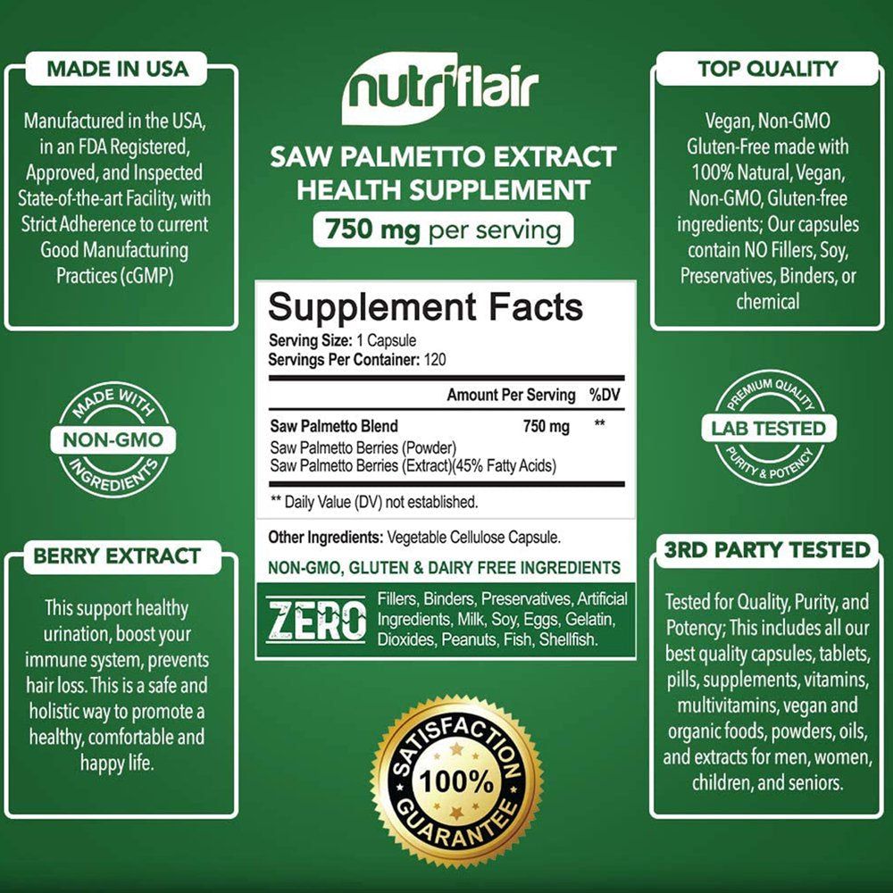 Nutriflair Saw Palmetto Extract 750Mg, 120 Capsules - Natural Prostate Supplement & Berry Health Support - Helps Block DHT to Prevent Hair Loss and Helps Reduce Frequent Urination, for Women and Men