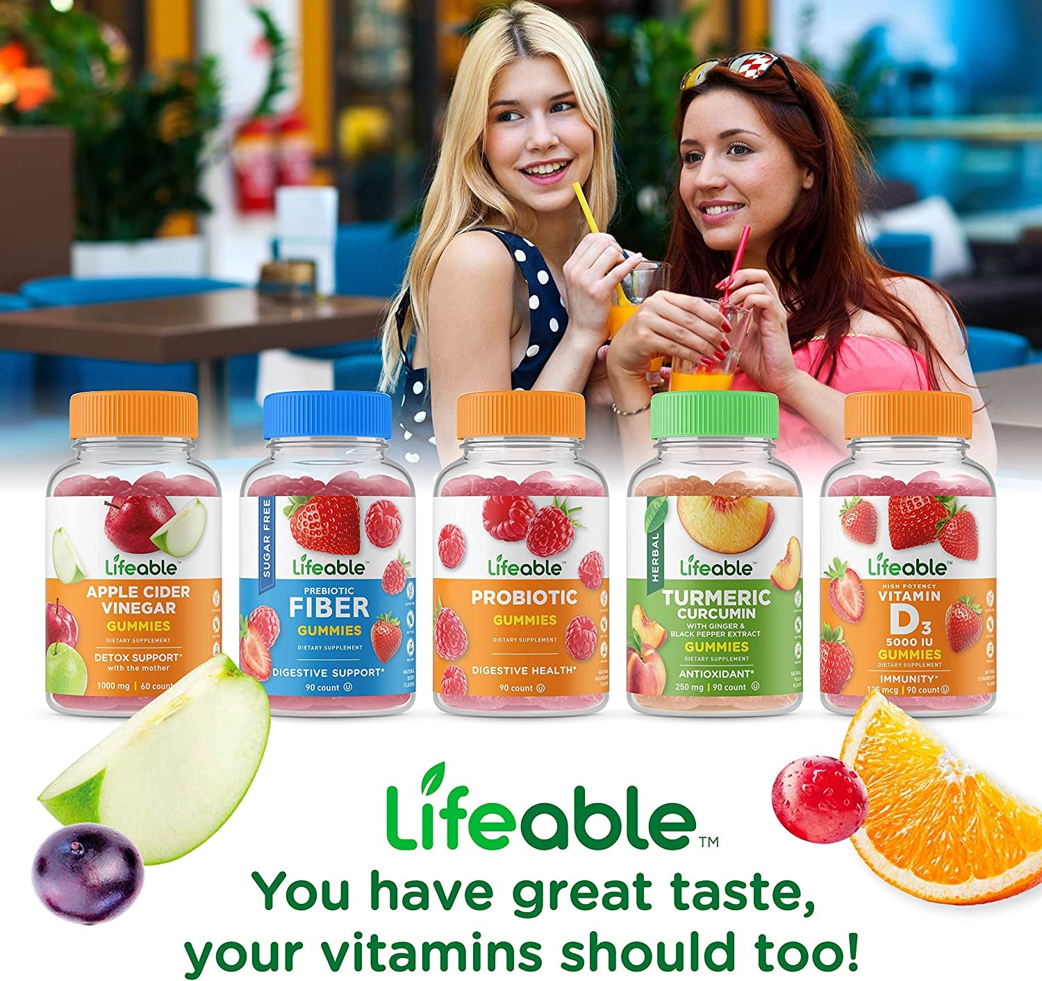 Lifeable Sugar Free Probiotic + Prebiotic Fiber, Gummies Bundle - Great Tasting, Vitamin Supplement, Gluten Free, GMO Free, Chewable Gummy